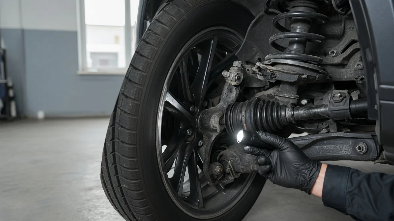 Mechanic inspecting a CV axle boot behind a turned front wheel at American Auto Repair Center in Colonia, NJ.