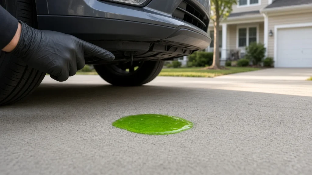 Green coolant puddle under the front of a car in a Colonia, NJ driveway