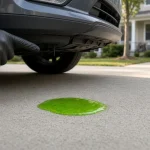 Green coolant puddle under the front of a car in a Colonia, NJ driveway