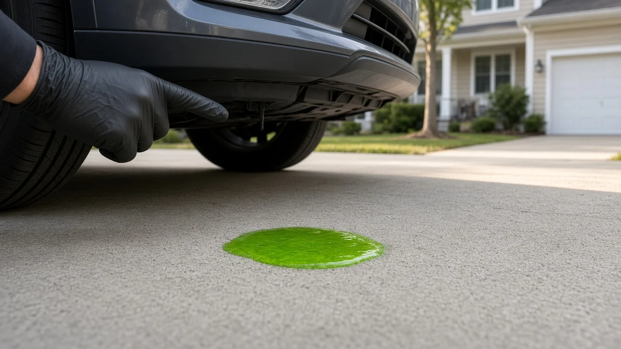 Green coolant puddle under the front of a car in a Colonia, NJ driveway