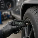 Mechanic checking tire pressure with a digital gauge while the tire pressure warning light is on, Colonia NJ