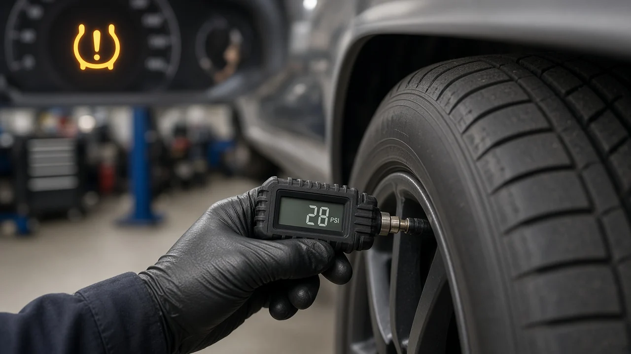 Mechanic checking tire pressure with a digital gauge while the tire pressure warning light is on, Colonia NJ
