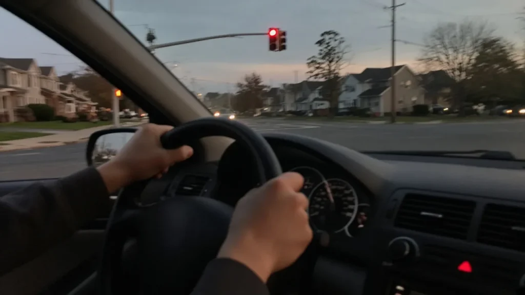 Driver's hands on a shaking steering wheel while stopped at a red light in Colonia, NJ