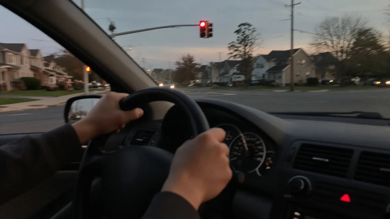 Driver's hands on a shaking steering wheel while stopped at a red light in Colonia, NJ