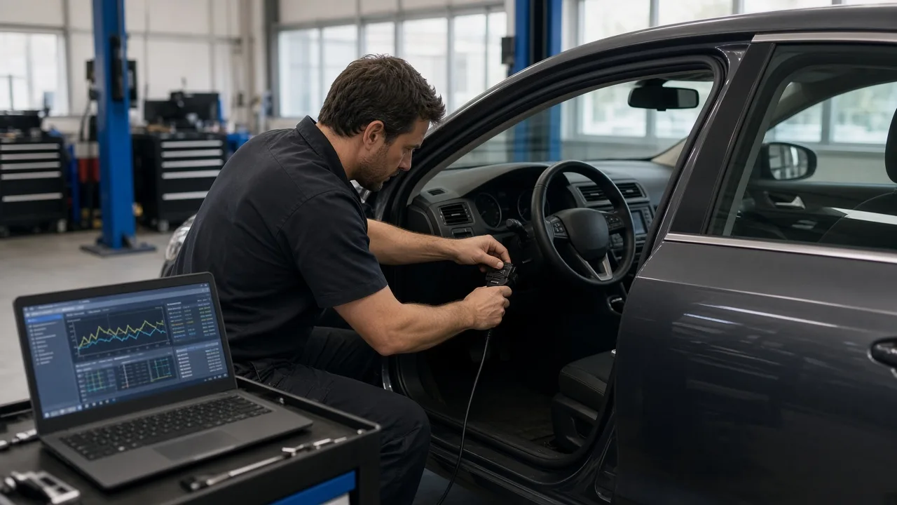 Technician running an engine diagnostic on a car that stalls at a stop at American Auto Repair Center in Colonia, NJ