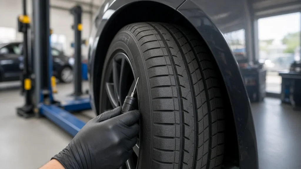 Technician checking uneven tire tread wear with a depth gauge at American Auto Repair Center in Colonia, NJ